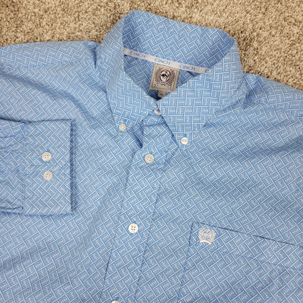 Cinch Mens Medium Blue AOP Geometric Button Down Long Sleeve